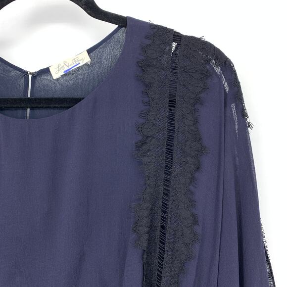 LoveShackFancy Long Sleeve Lace Inset Blouse Womens Size Small Navy Black Silk - Picture 3 of 6